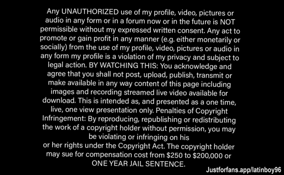 Cualquier uso NO autorizado de mi perfil, escrito, hablado y/o firmado, sean fotos, videos, audios o algún otro tipo de material, ahora o en un futuro, será penalizado por la ley con la cantidad de 200.000$ y una sentencia de hasta un año de CÁRCEL.