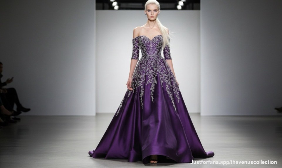 Elegance personified. This stunning gown graced the runway, a true vision of purple perfection.