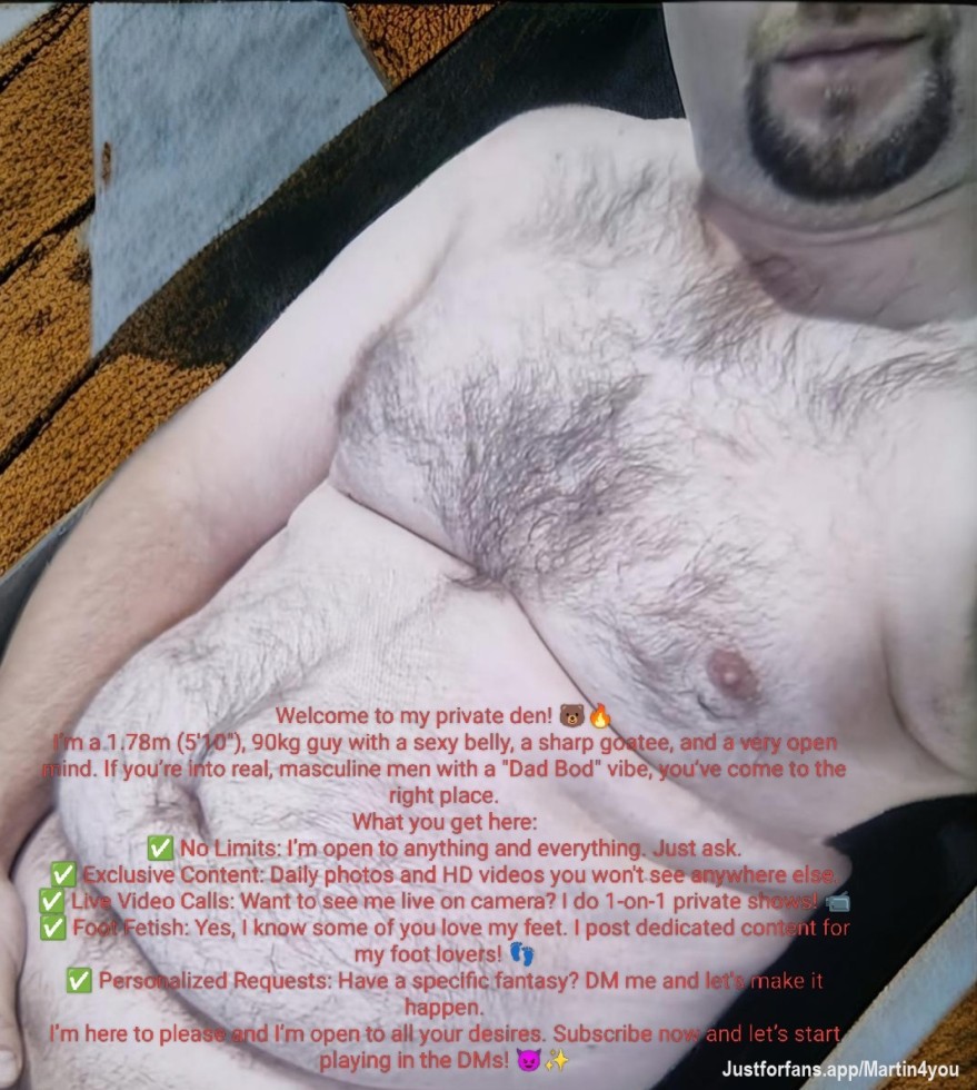Sexy Dad Bod (1.78m/90kg) with a sharp goatee & a very open mind. 🧔‍♂️🔥 I’m open to EVERYTHING! Daily HD pics, Feet/Foot fetish content 👣 & Private Video Calls 📹. DM me your wildest fantasies—I’m here to play and please. No limits! 😈🏳️‍🌈